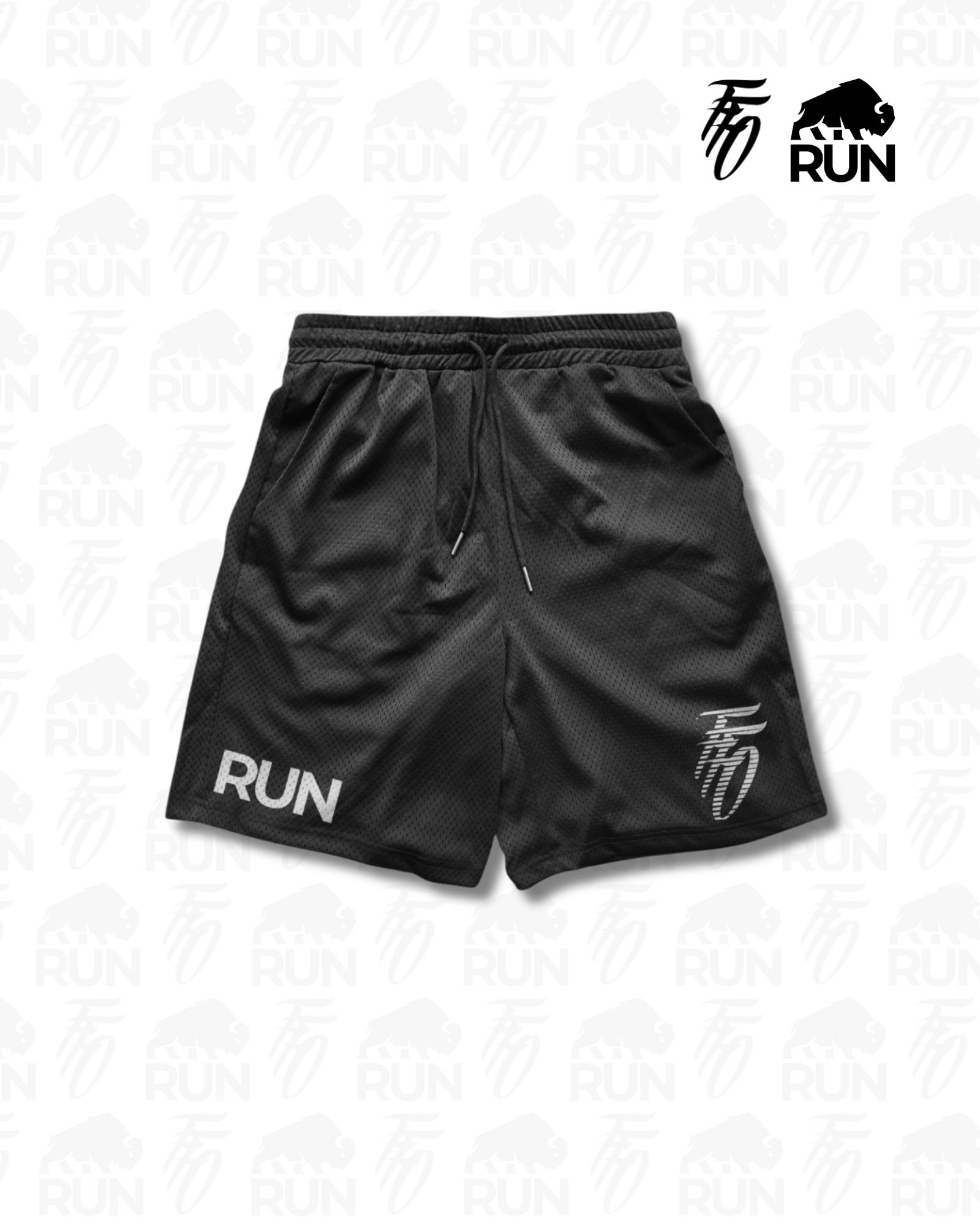 Black shorts with 'RUN' branding on a light gray background