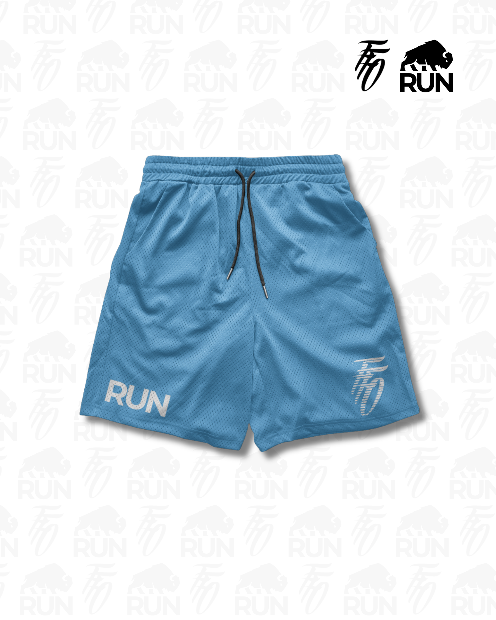 Blue athletic shorts with 'RUN' branding 