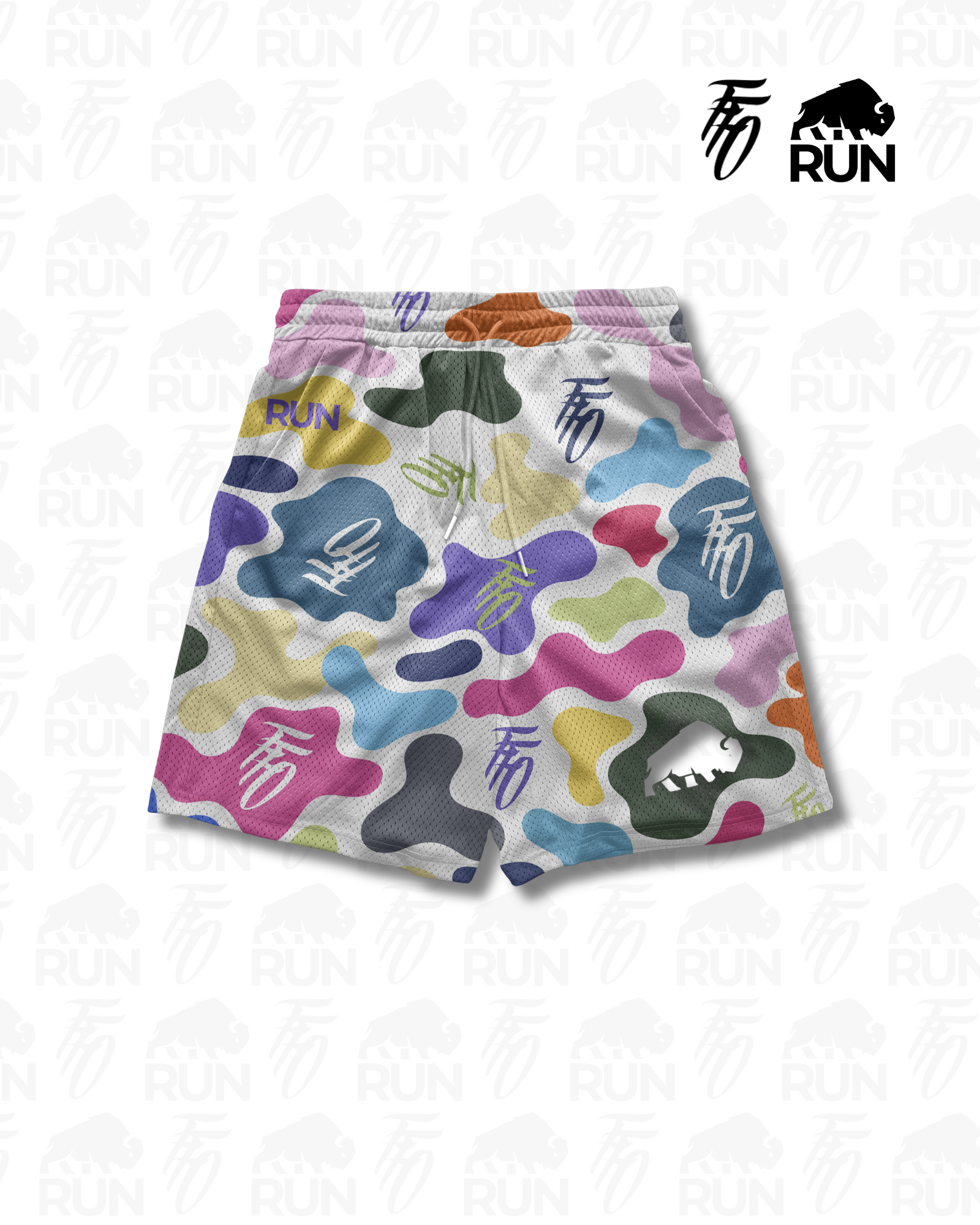 Colorful shorts with abstract patterns on a white background, featuring a brand logo.
